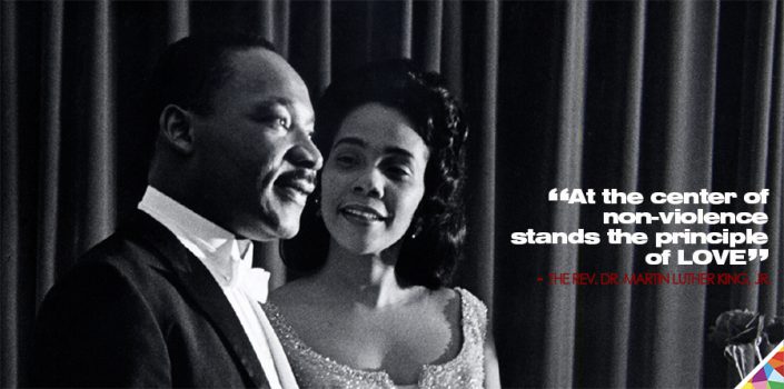 coretta scott king looks lovingly at dr king in tux and white tie at the center of nonviolence stands love dr martin luther king west angeles church