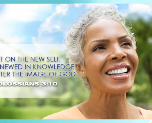 a happy woman with short gray hair looks upward with blue skies behind her colossians 3 and 10 put on the new self renewed in the image of god west angeles counseling center