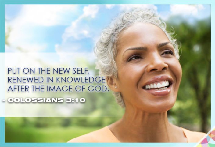 a happy woman with short gray hair looks upward with blue skies behind her colossians 3 and 10 put on the new self renewed in the image of god west angeles counseling center